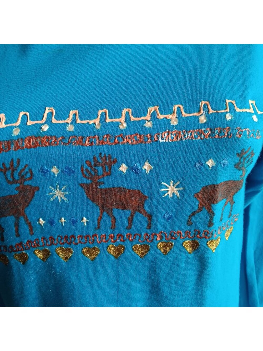 Small Single Stitch T-shirt Vtg Hanes Blue Long Sleeve Reindeer 100% Cotton USA